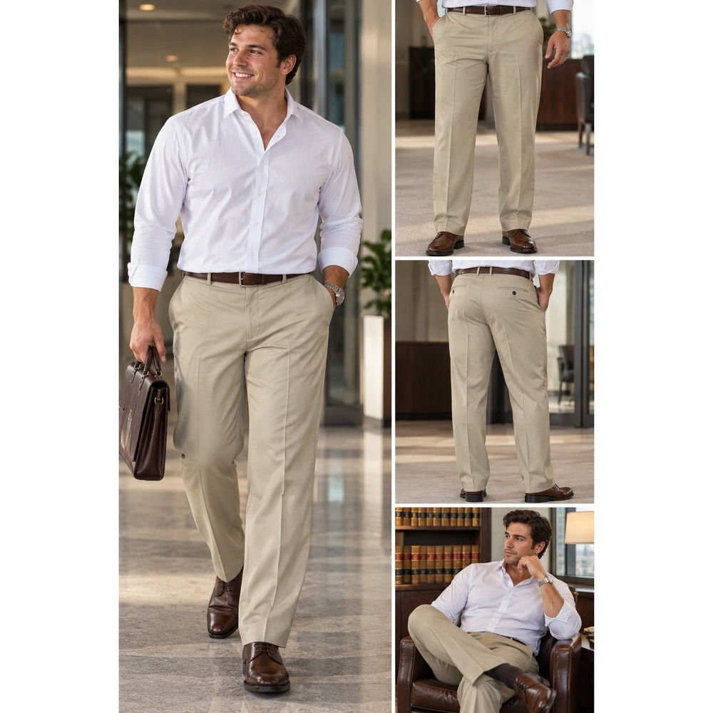 Roundtree & Yorke Dress Pants 42x30 Tan Easy Care Flat Front Polyester #1606